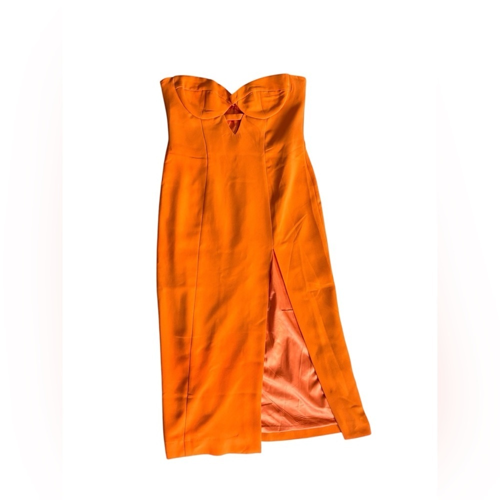 Revolve Bardot Brisa Bandeau Midi Vibrant Orange Midi Dress with Thigh Slit - Picture 2 of 4